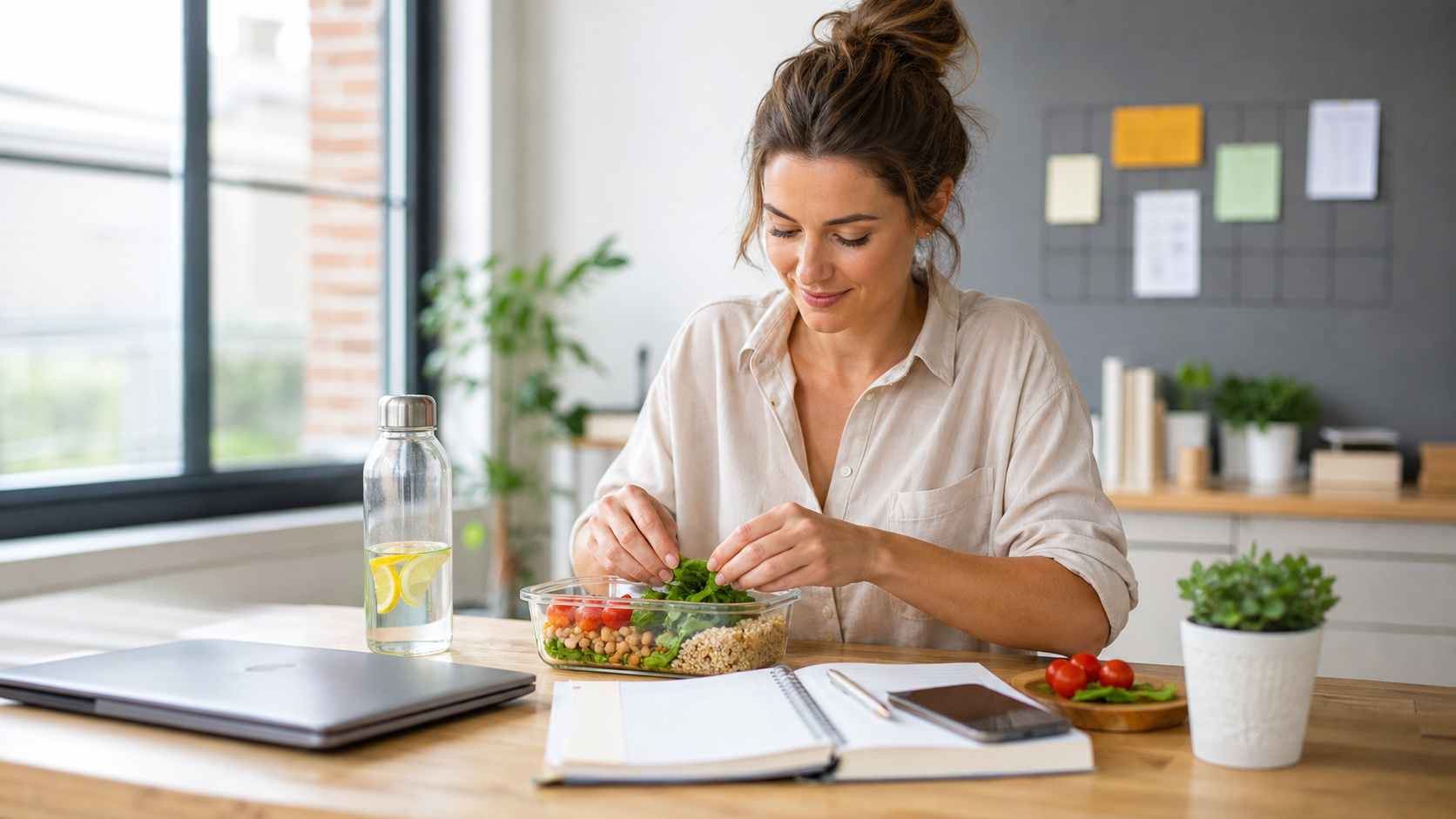 Gezonde lunch naast laptop en planner voor afvallen met een drukke baan