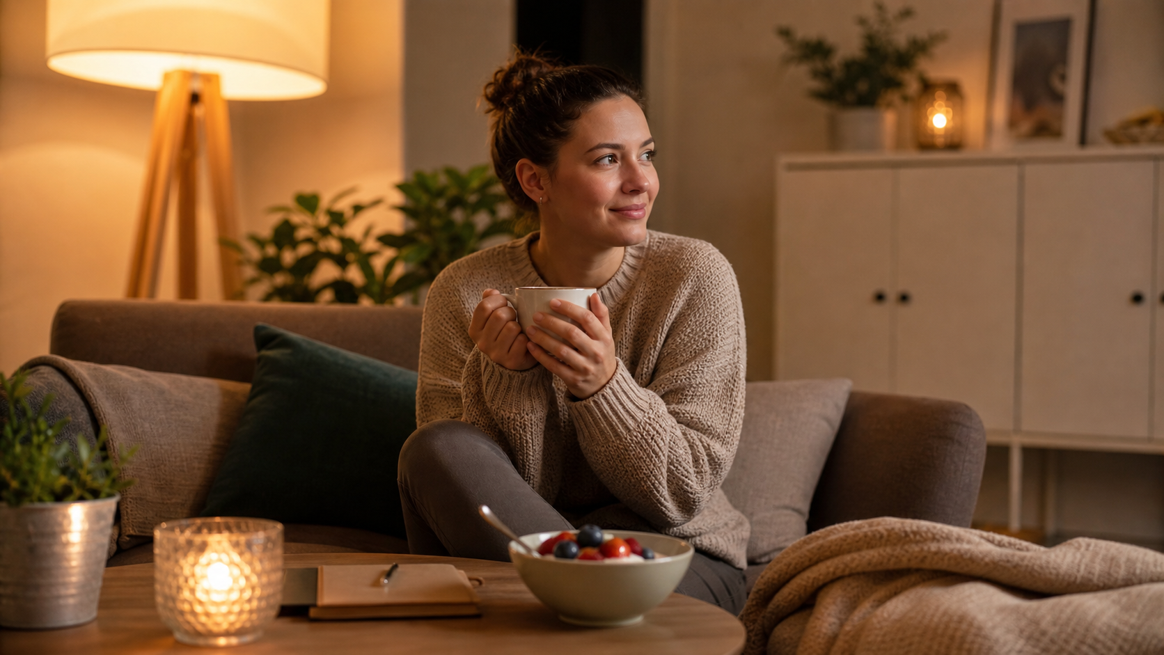 Rustige avondroutine met thee en een kleine geplande snack op de bank