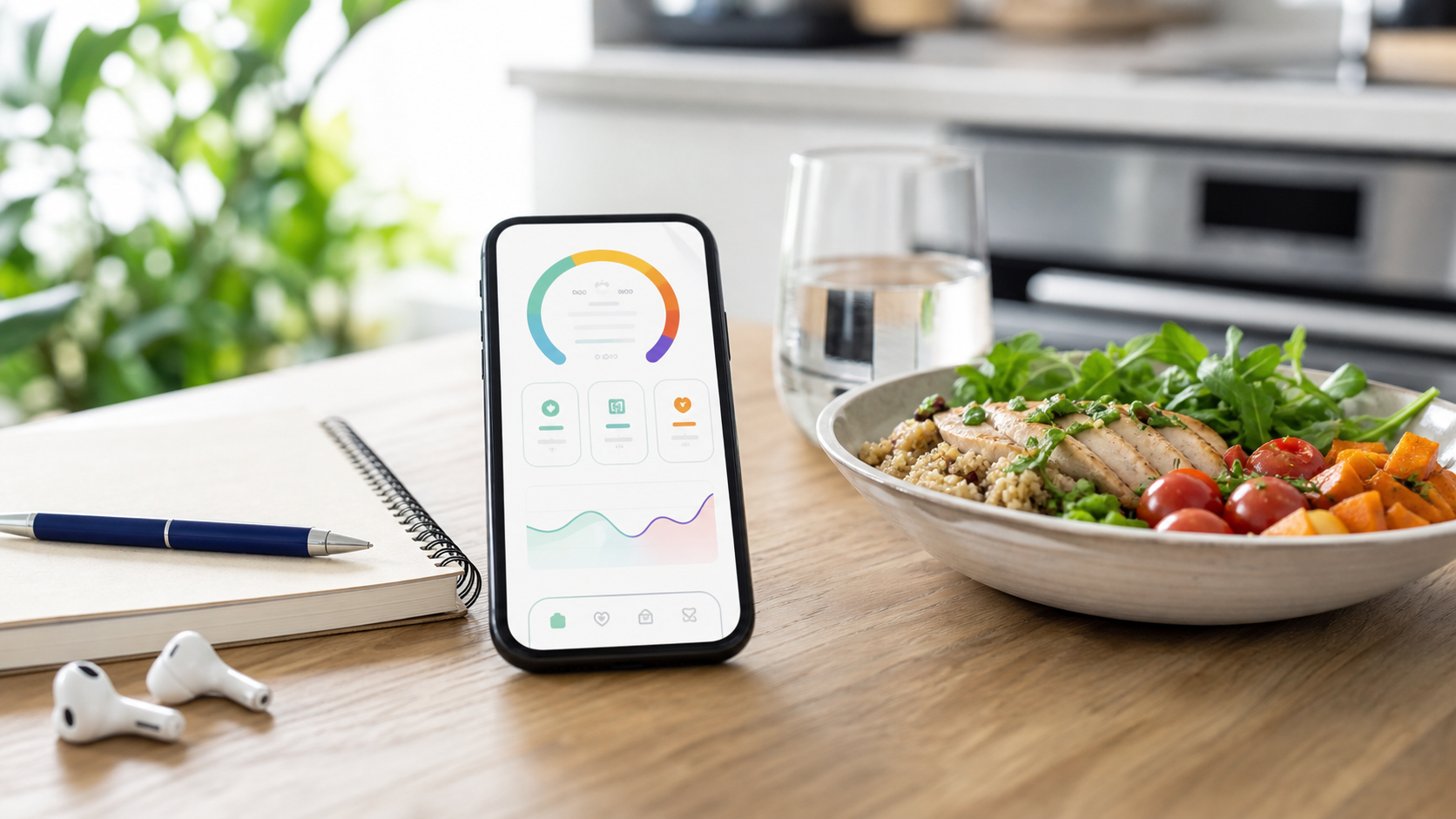 Telefoon met generieke afslankapp naast gezonde lunch en notitieboek