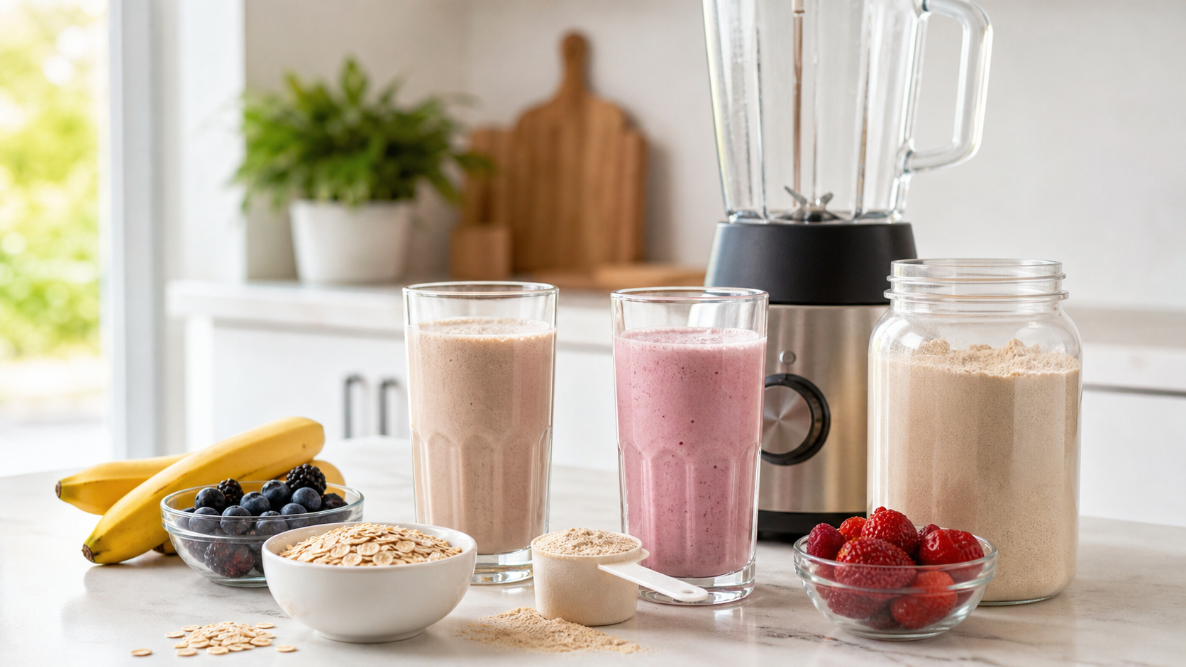 Ongebrande maaltijdvervanger shakes met blender fruit havermout en eiwitpoeder