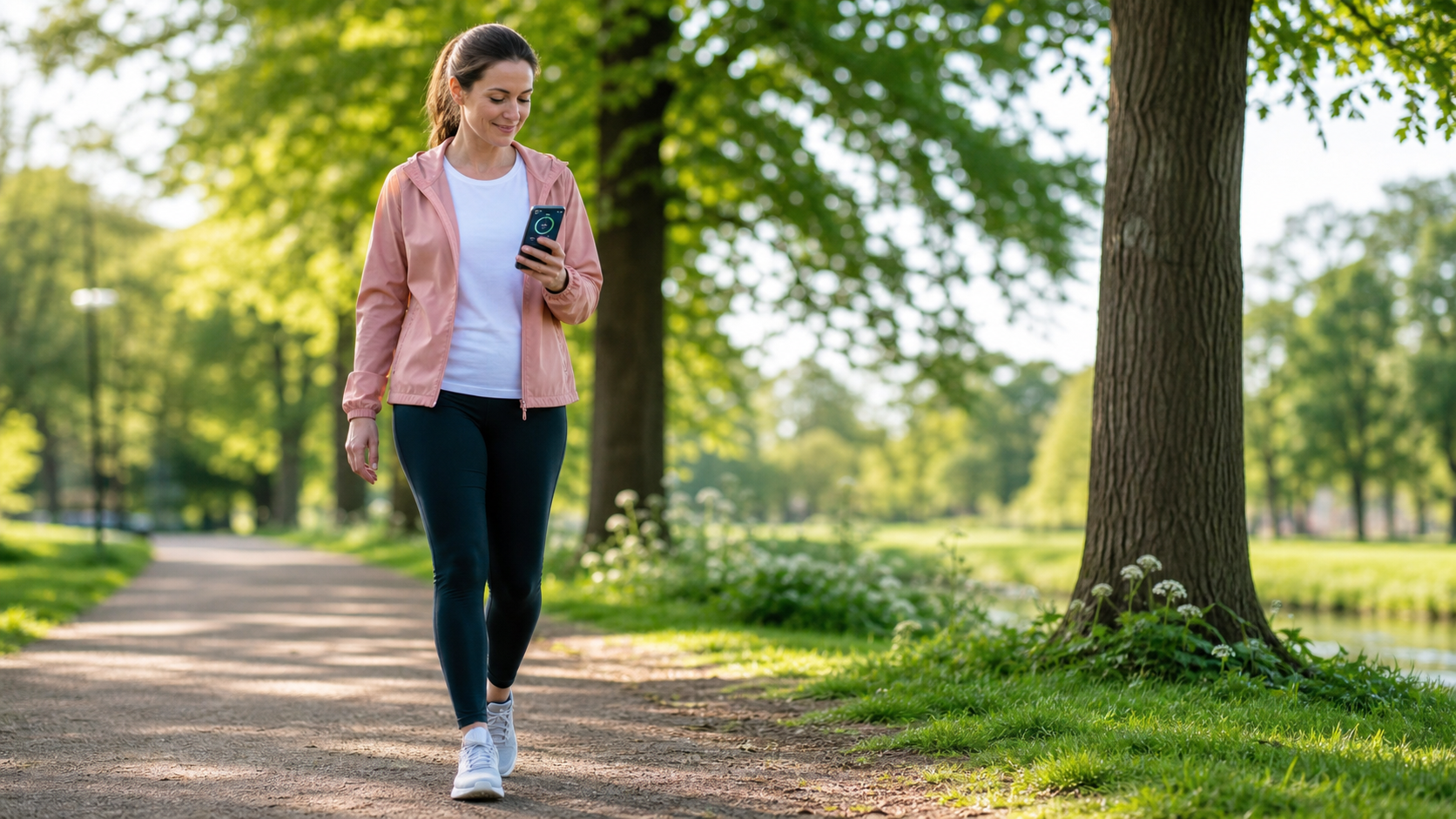 Vrouw bekijkt een stappenteller app tijdens een wandeling in het park