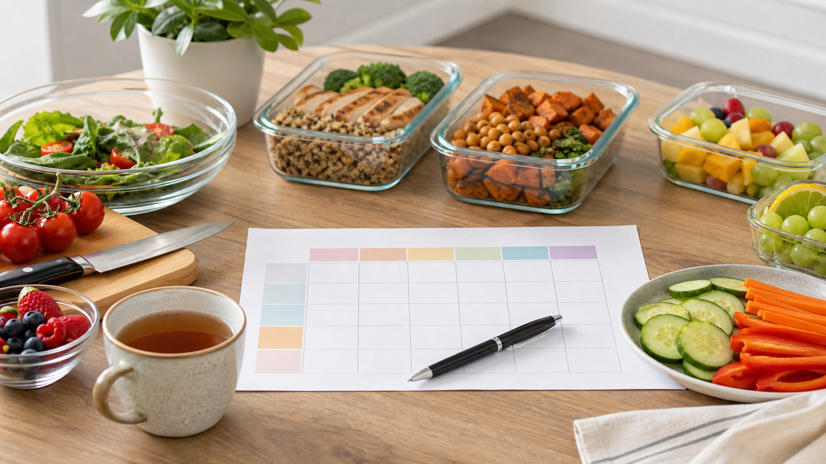 Weekplanning met gezonde maaltijden en meal prep bakjes voor een afvalschema