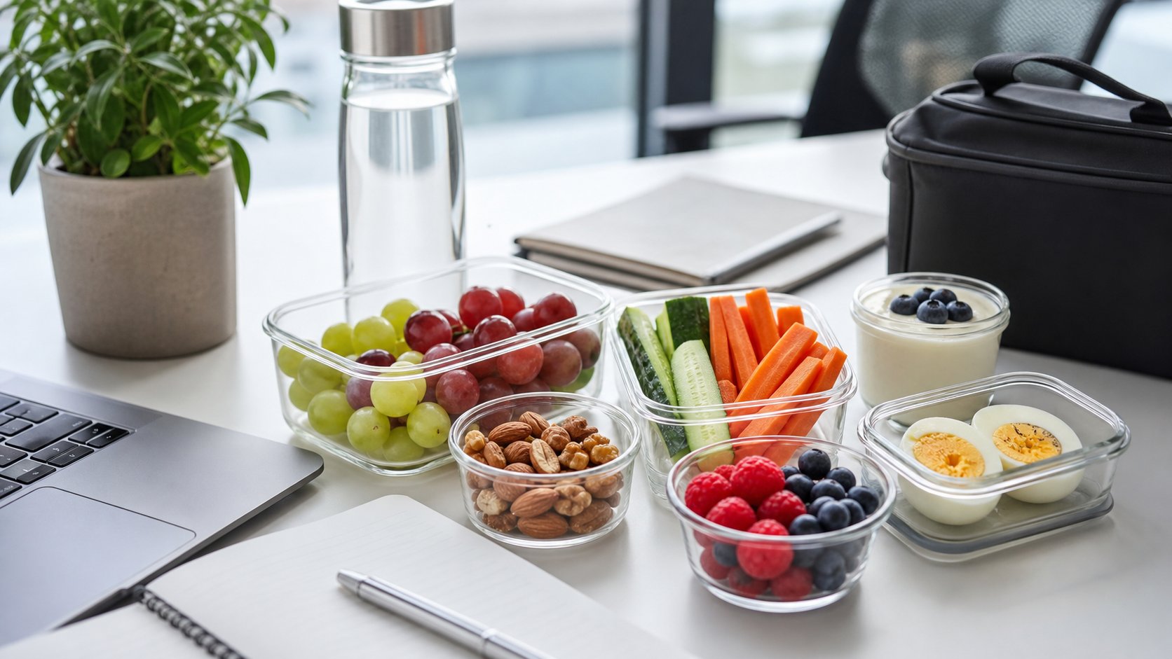 Gezonde kantoorsnacks in bakjes met fruit groente yoghurt ei en waterfles