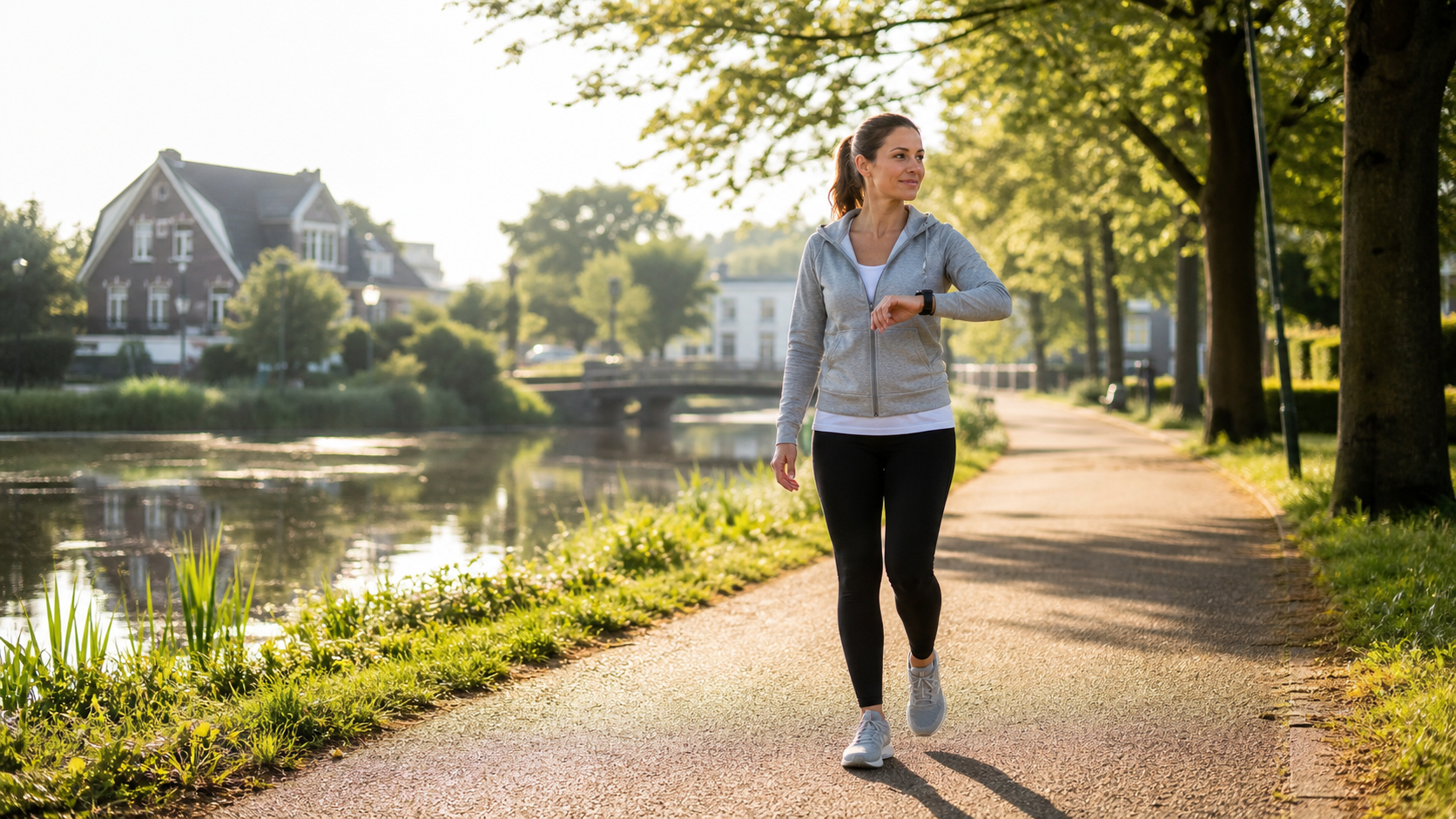 Vrouw wandelt langs water en controleert haar stappen op een smartwatch