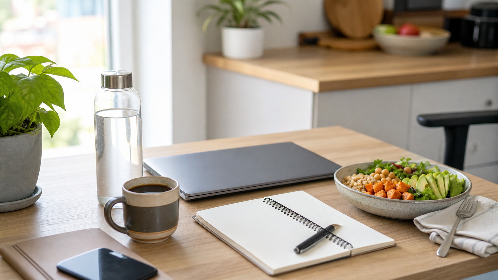 Werkdag bureau met koffie water notitieboek en gezonde lunch voor intermittent fasting