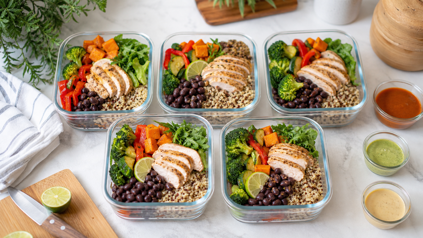 Vijf kleurrijke lunch bowls in meal prep bakjes voor de werkweek