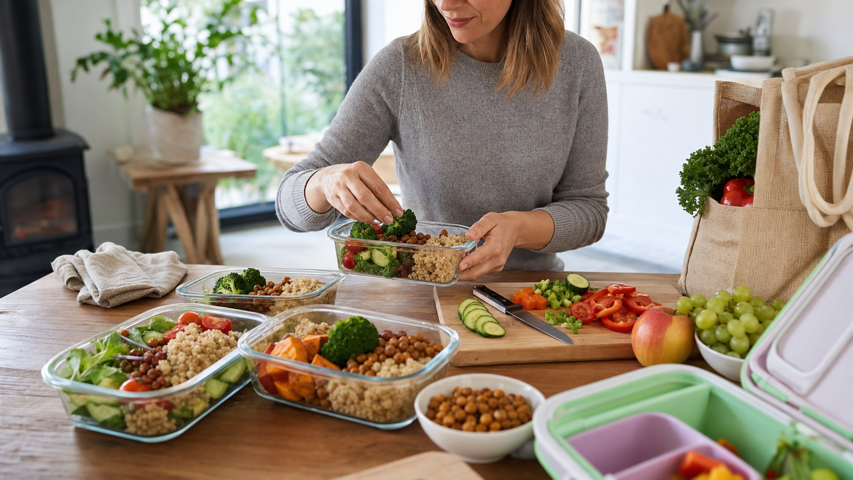 Meal prep bakjes met gezonde maaltijden op een keukentafel voor drukke moeders