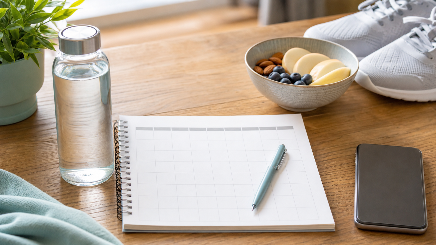 Habit tracker met waterfles wandelschoenen en gezonde snack voor motivatie bij afvallen