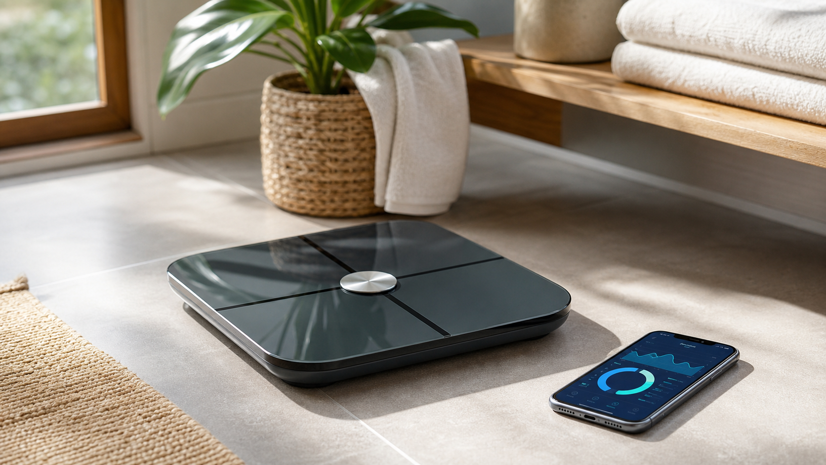 Slimme weegschaal met telefoon en generieke grafieken in een lichte badkamer