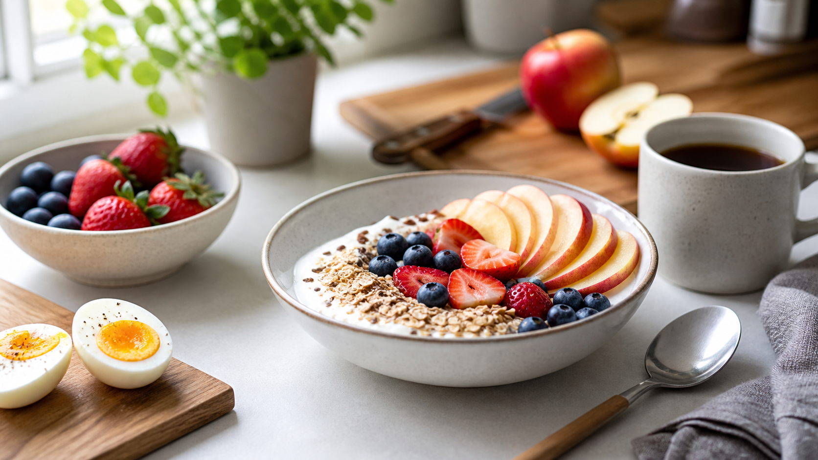 Snel gezond ontbijt met yoghurt fruit havermout en gekookt ei in ochtendlicht