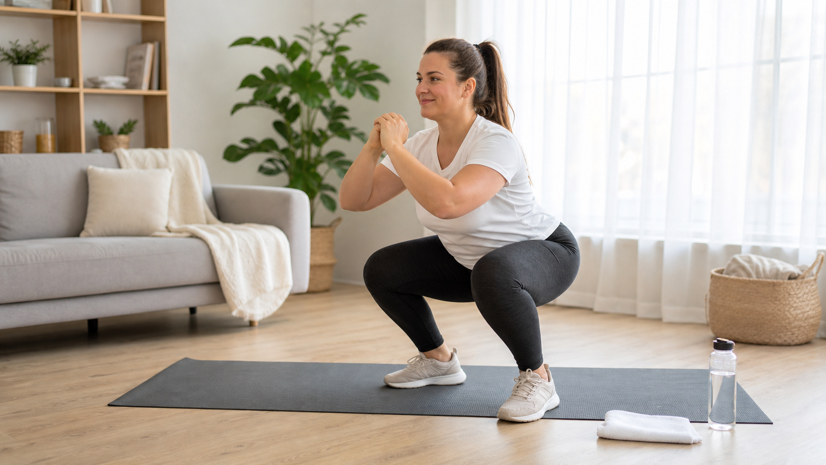 Vrouw doet een toegankelijke bodyweight squat op een mat in de woonkamer