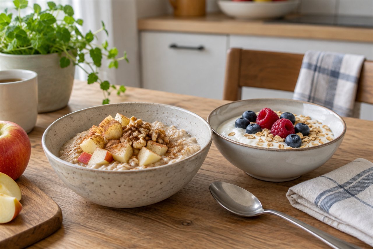 Havermout met appel en yoghurt met bessen op een ontbijttafel