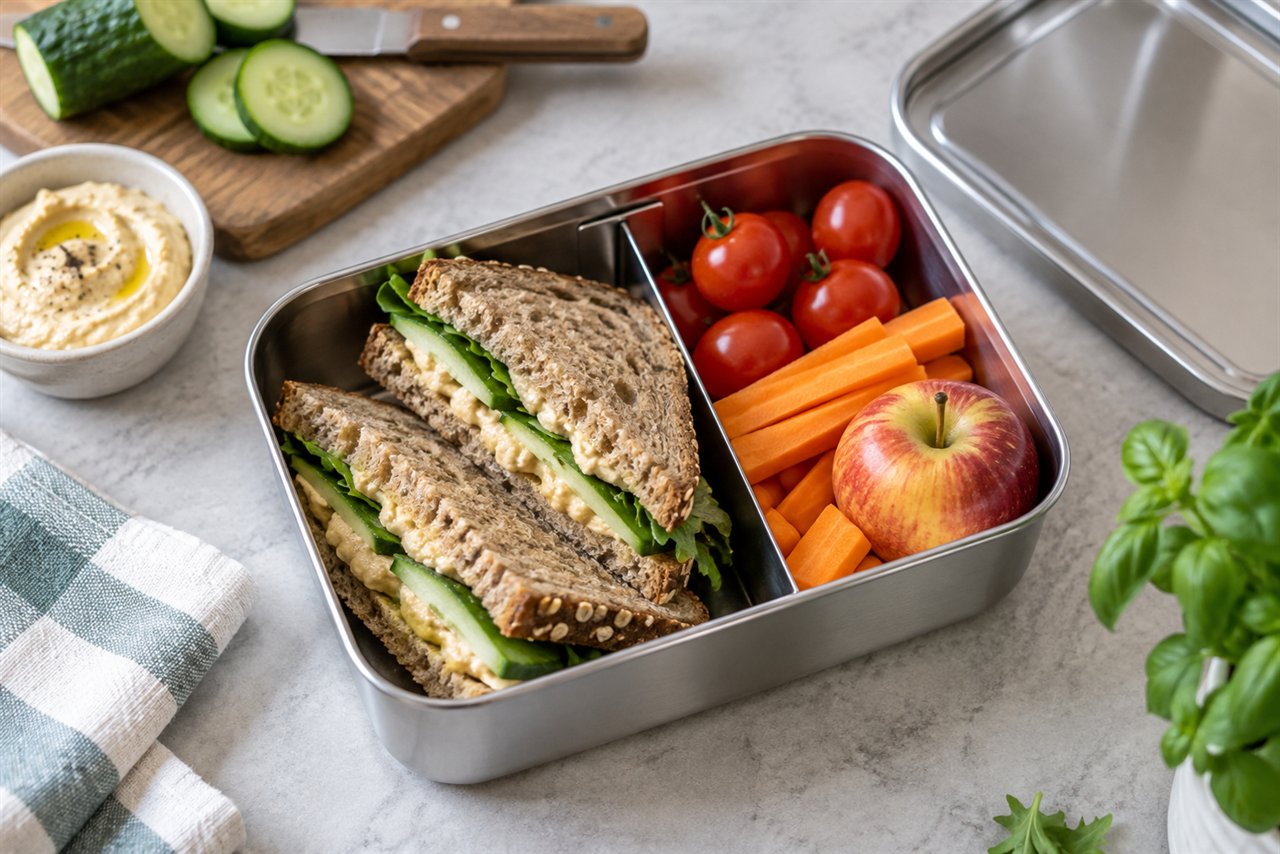 Lunchbox met volkorenbrood, hummus, groente en een appel