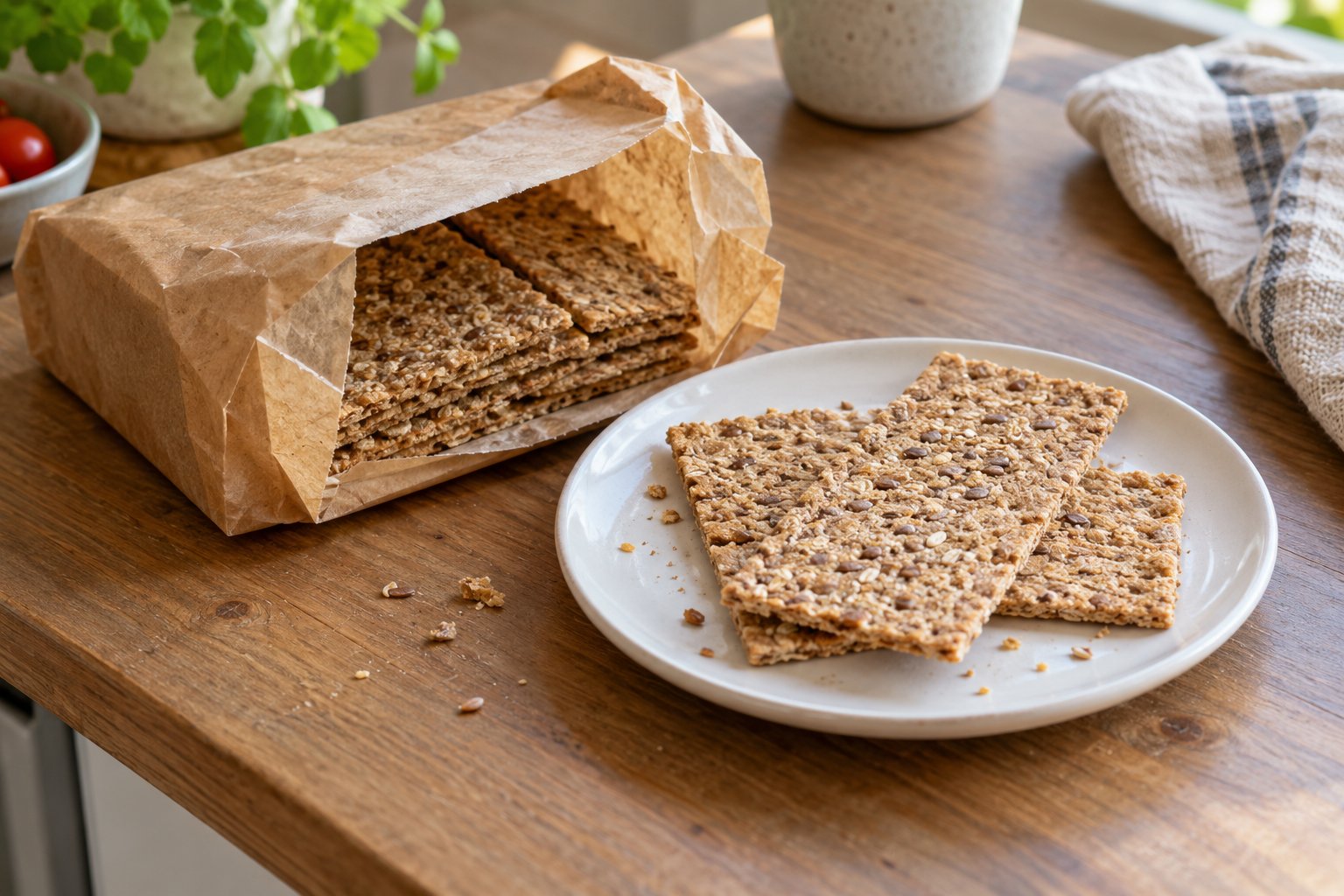 Een paar crackers op een bord naast een open, onbedrukte verpakking.