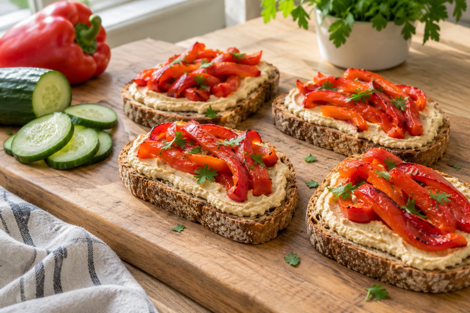 Vier open boterhammen met hummus en geroosterde paprika, met komkommer ernaast.