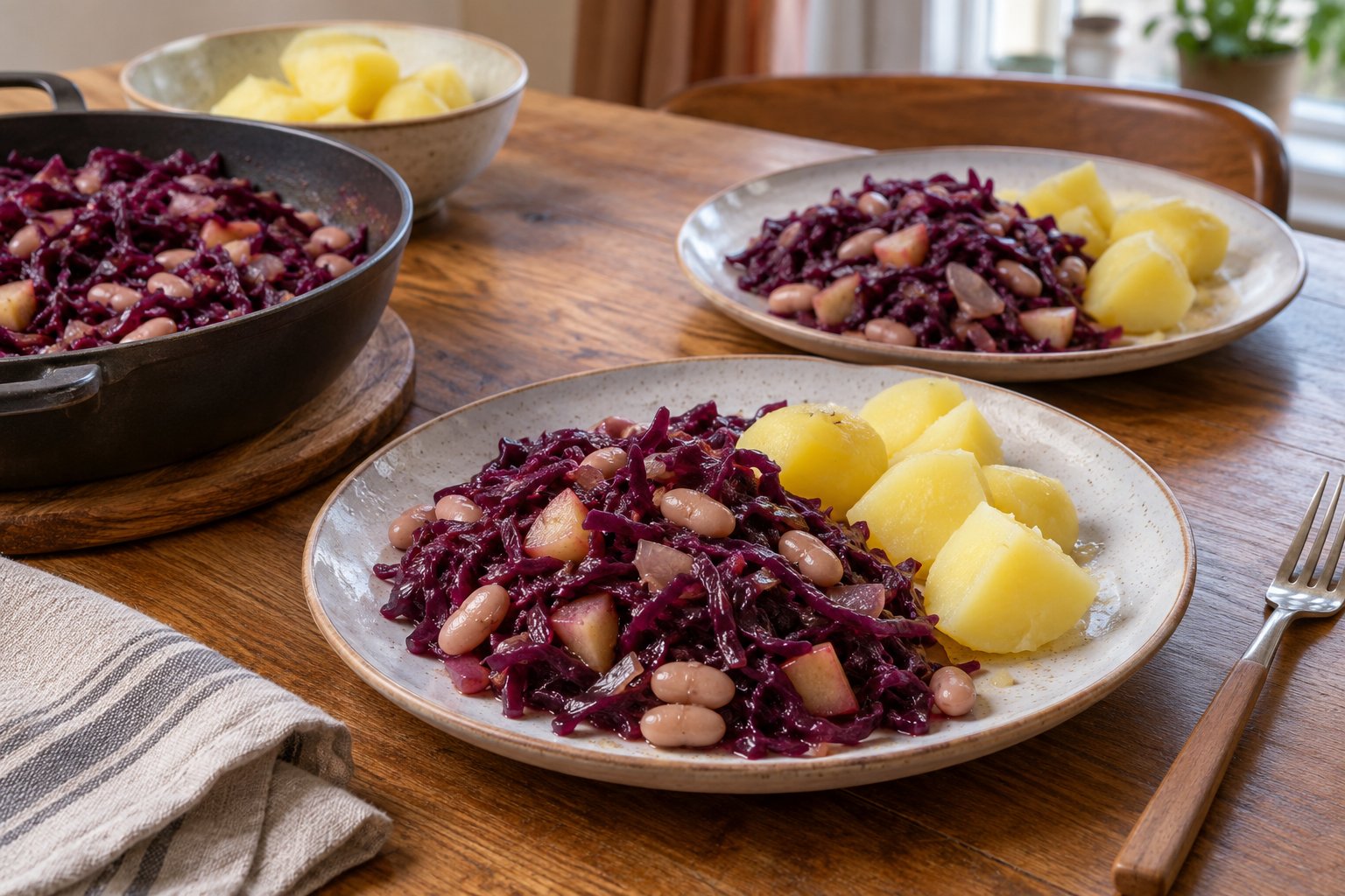 Twee borden met rodekool, appel en witte bonen, met gekookte aardappel ernaast.