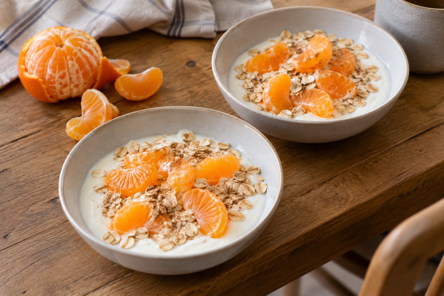 Twee kommen yoghurt met mandarijnpartjes, havervlokken en kaneel.