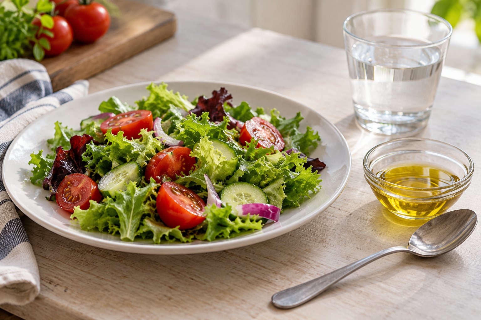 Een salade naast een klein schaaltje olie en een eetlepel op tafel.