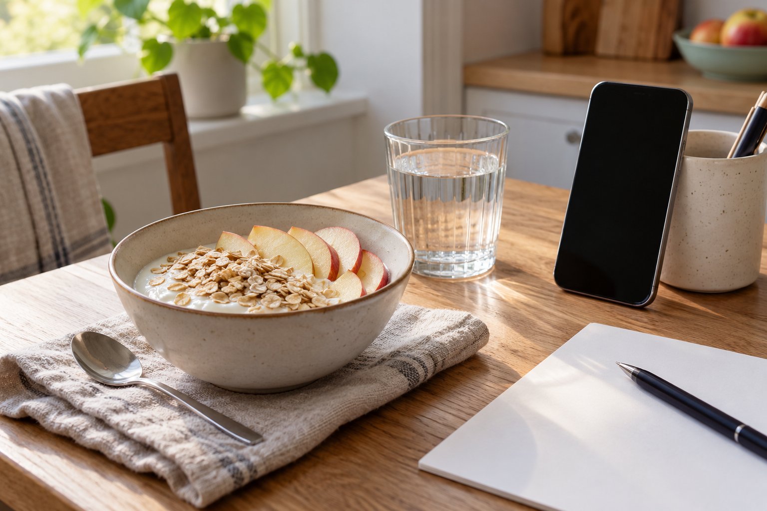Een kom yoghurt met haver en appel naast een telefoon met zwart scherm en blanco papier.