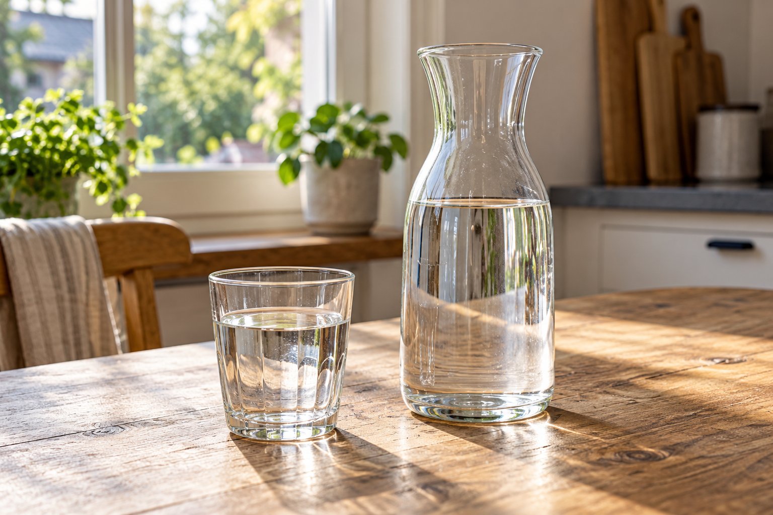 Een glazen karaf water en een drinkglas op een keukentafel.