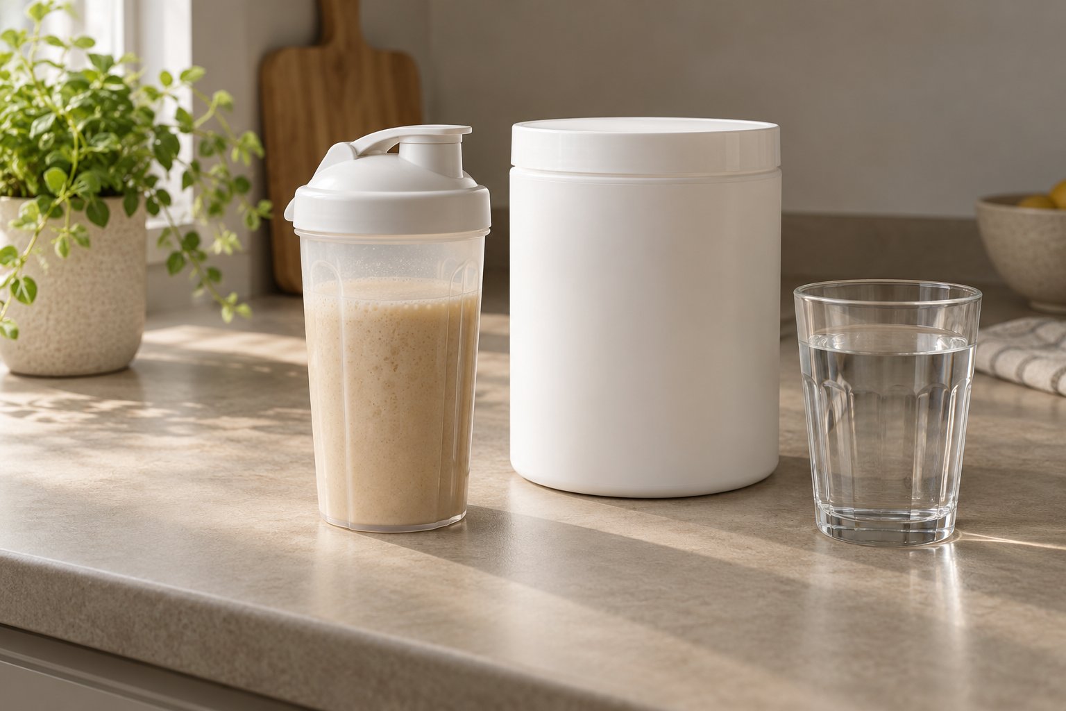 Een merkloze shaker met een beige drank naast een neutrale verpakking en water.