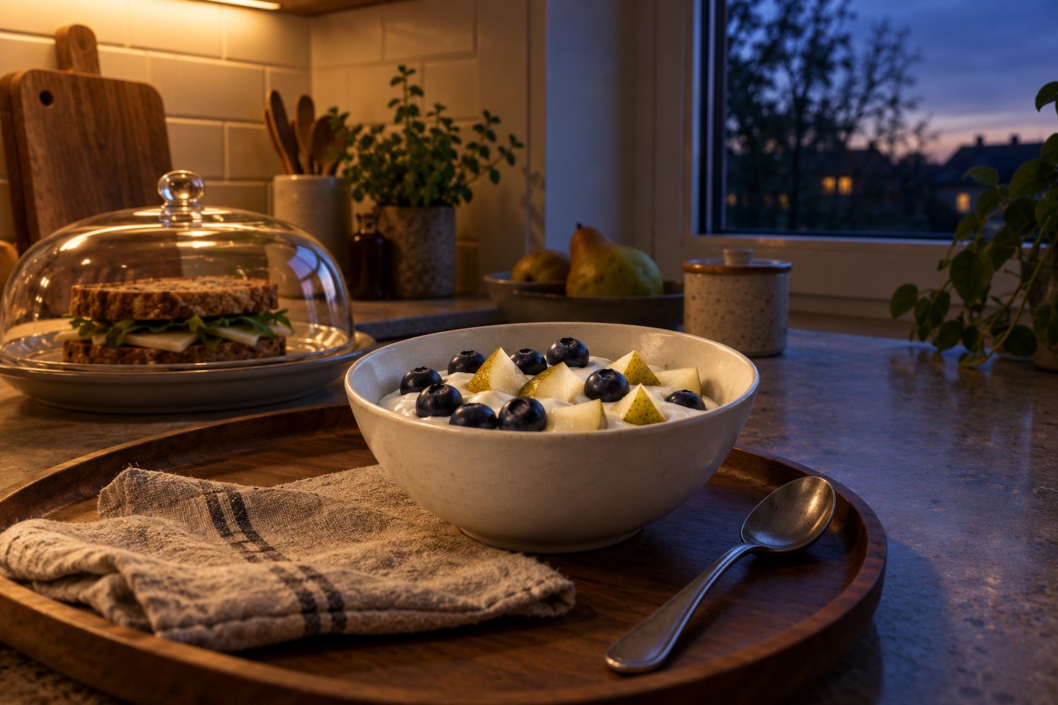 Een schaaltje yoghurt met peer en blauwe bessen op een dienblad bij avondlicht.