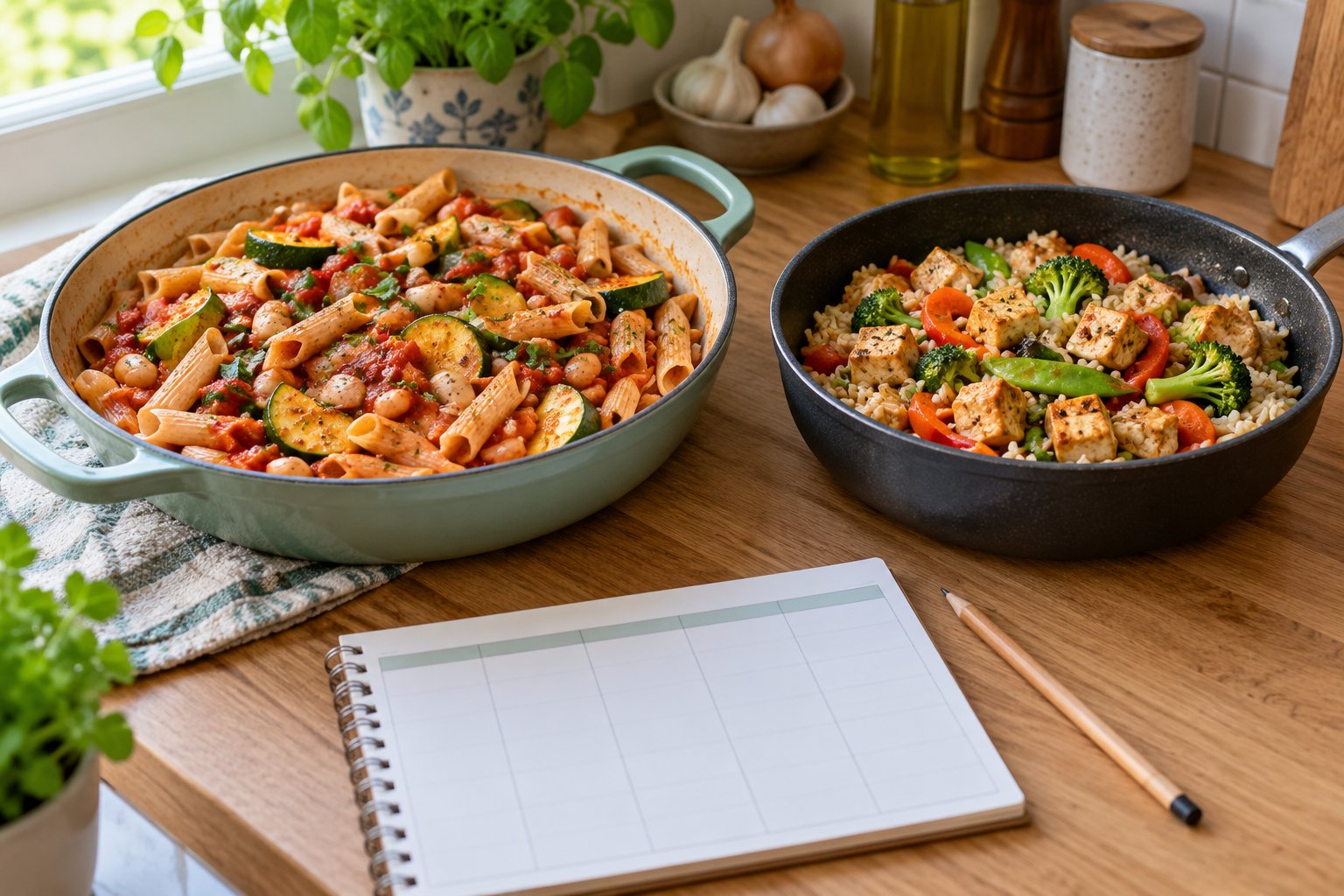 Een pastagerecht met bonen en een rijstgerecht met tofu naast een blanco weekplanner.