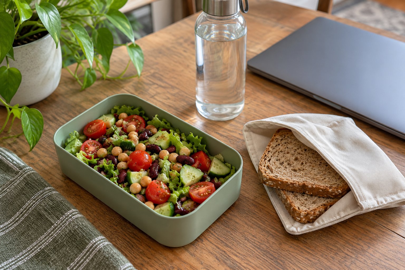 Een lunchbox met bonensalade, brood en water naast een gesloten laptop.
