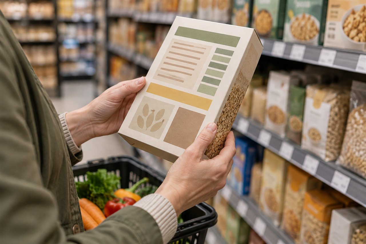 Handen bekijken de achterkant van een voedselverpakking in de supermarkt