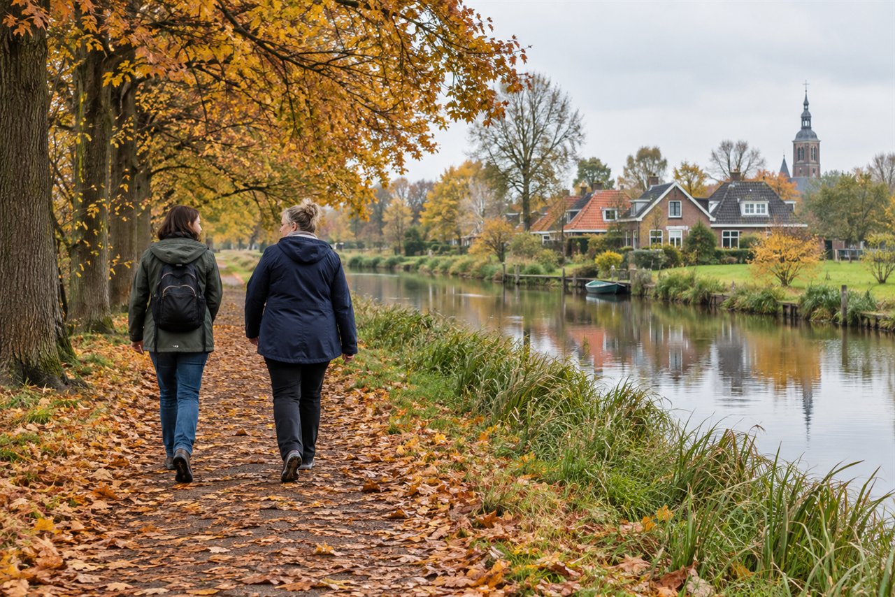 Twee volwassenen wandelen langs een Nederlandse vaart in de herfst