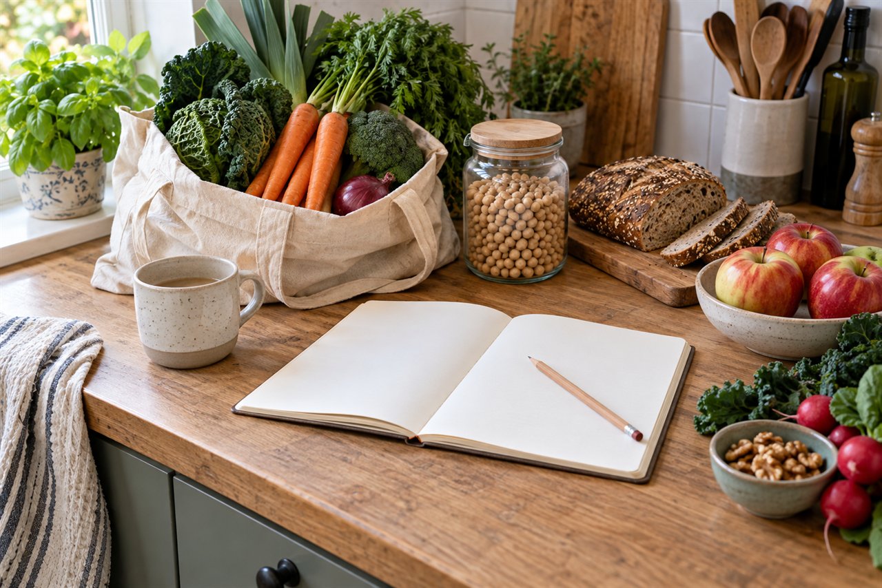 Blanco maaltijdplanner en verse boodschappen op een keukenblad